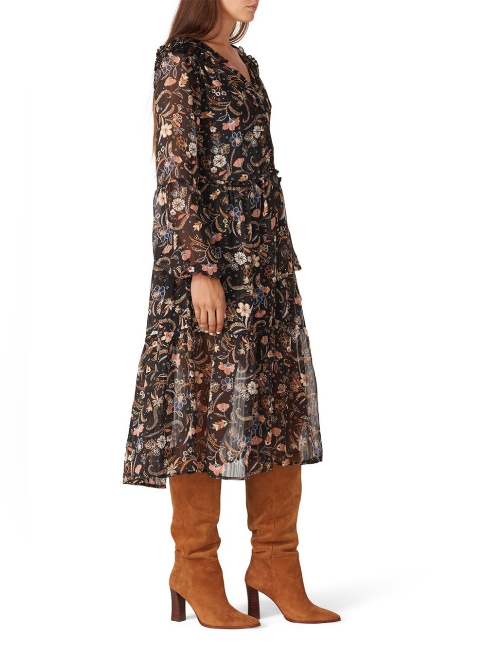 Floral Tiered Long-Sleeve Midi Dress in Black - Picture 3 of 10